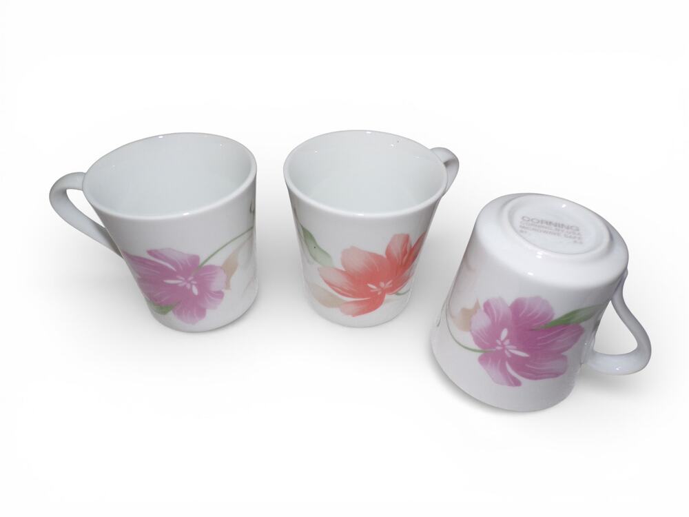 (3) Corning Cups Mugs Pacifica Lilac and Peach Blooms